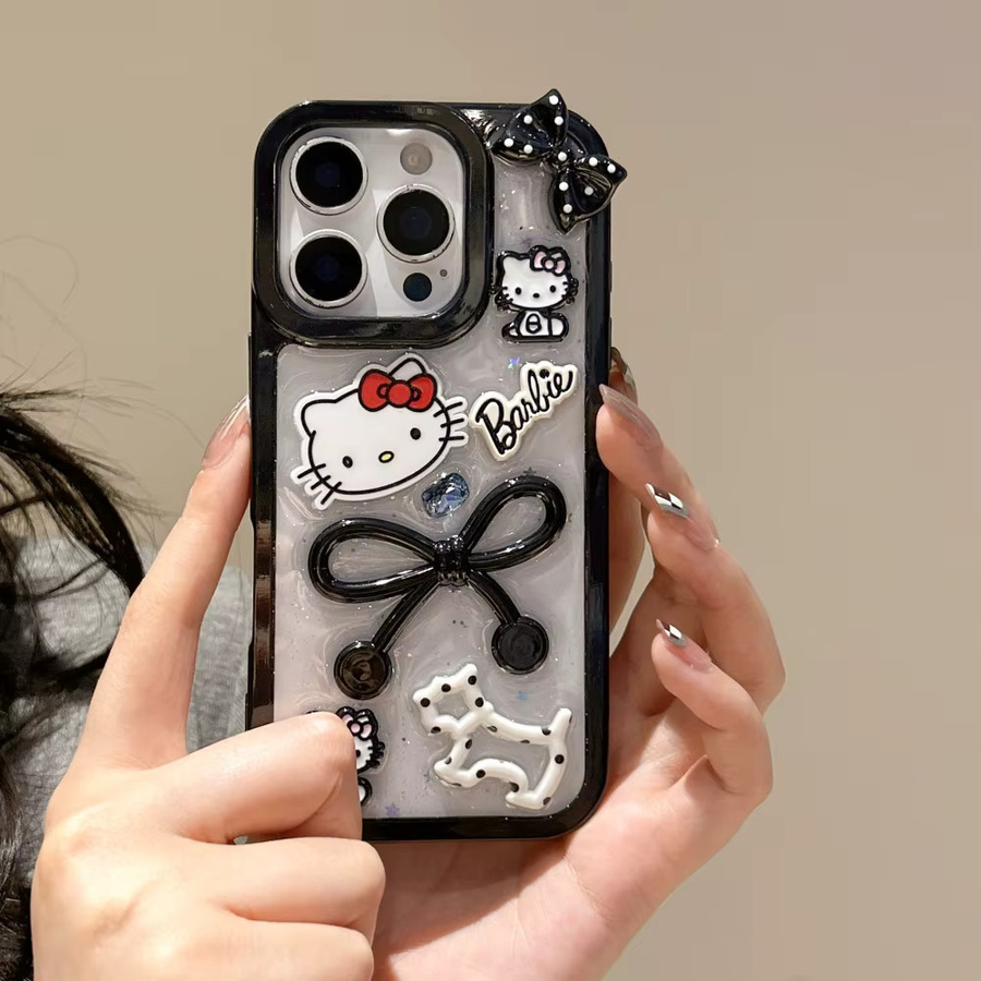 Sanrio Hello Kitty Handyhülle mit Glitzerpuder und Schleifen in Schwarz für iPhone 13 14 Plus 15 16 Pro 17 Pro Max, stoßfeste Cartoon-Schutzhülle - Bild 2