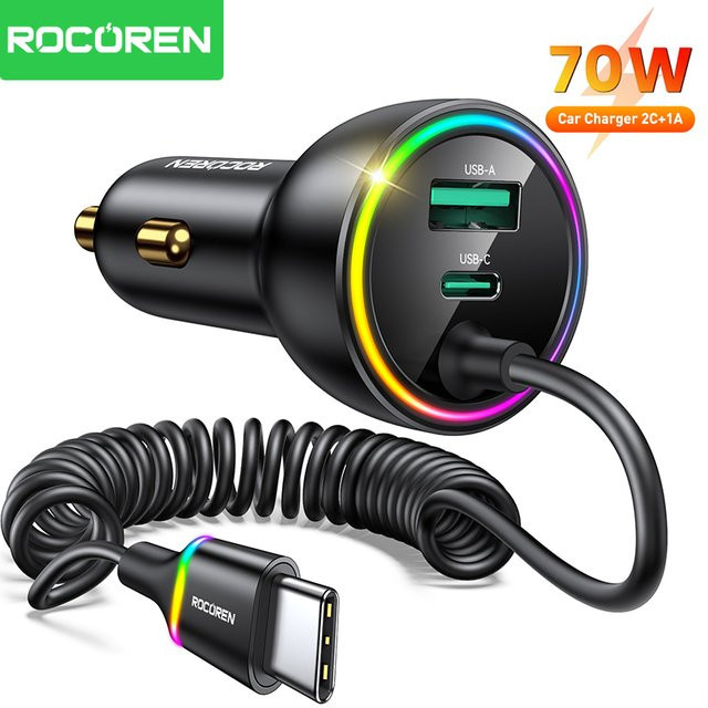 Rocoren 70W USB-Autoladegerät in Schwarz mit PD 35W USB-C Schnellladefunktion und Federladekabel für iPhone und Xiaomi - Bild 1