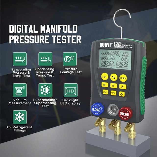 DY517 Kältesystem-Tester Digitales Vakuum- und Druckmanometer mit Temperaturanzeige und Ventilwerkzeug Kühlsystem-Kit - Bild 1