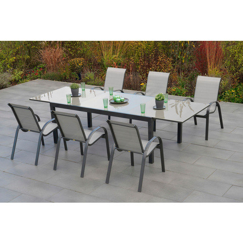 Merxx Gartenmöbelset Amalfi 7-teilig aus Aluminium und Textil in Grau mit ausziehbarem Tisch und 6 Stapelsesseln, Tisch B: 200 cm, T: 110 cm, H: 75 cm - Bild 2