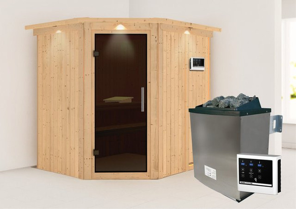 Karibu Sauna Swenna in Graphit inklusive 9 kW Ofen, externem Steuergerät, Dachkranz und Ganzglastür