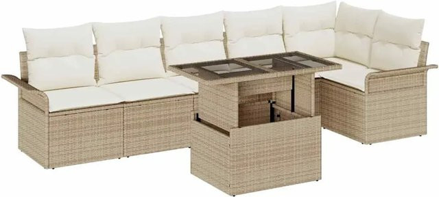 vidaXL Garten-Sofa-Set aus Poly-Rattan in Beige mit 7 Teilen, L-Form, inklusive Kissen, Couchtisch und Stauraum für Terrasse und Garten - Bild 1