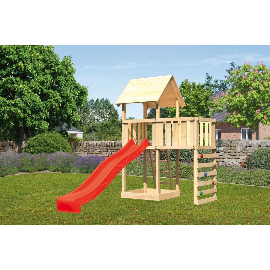 Karibu Spielturm Lotti mit Anbauplattform, Kletterwand und Rutsche in Rot - Bild 2