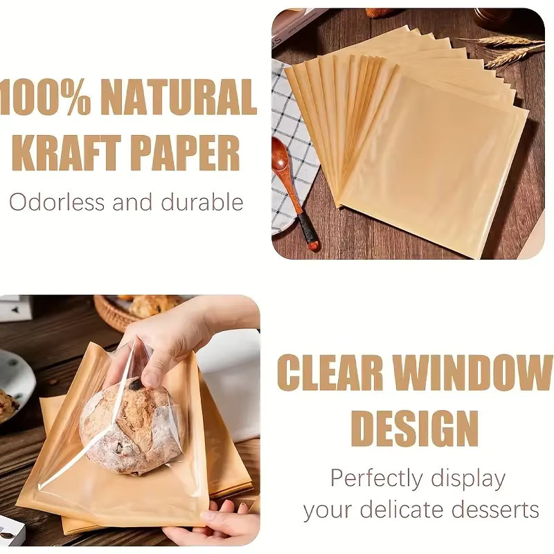 100 Stück braune Kraft-Toastbeutel mit klarem Fenster, wasserdichte und ölbeständige selbstverschließende Backbeutel aus Papier für Brot und Gebäck - Bild 4