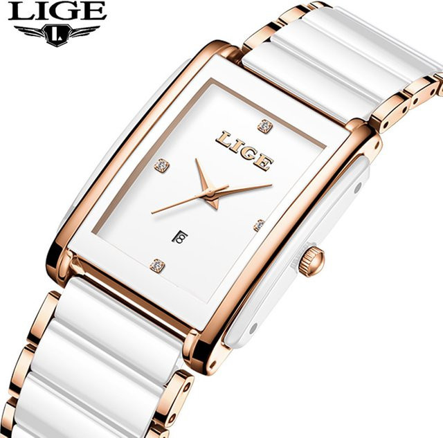LIGE Armbanduhr Quarz, Keramik, Schwarz, Rechteckig, Damen - Bild 1
