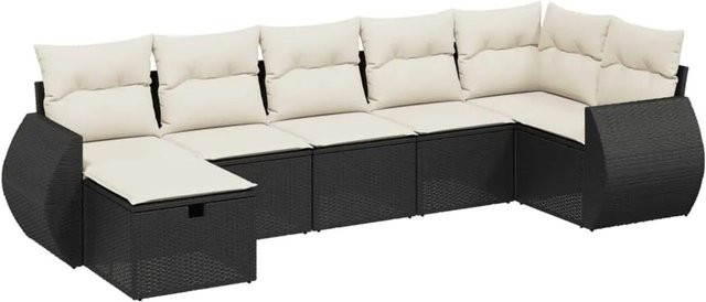 vidaXL 7-tlg Garten-Sofagarnitur aus Poly Rattan in Schwarz mit Kissen und Ottoman, L-Form für Terrasse und Garten - Bild 1