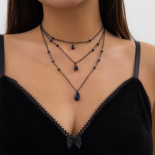 IngeSight.Z Halsketten-Set, mehrschichtig, Metall, Schwarz, Kristall, Damen, Vintage - Bild 1