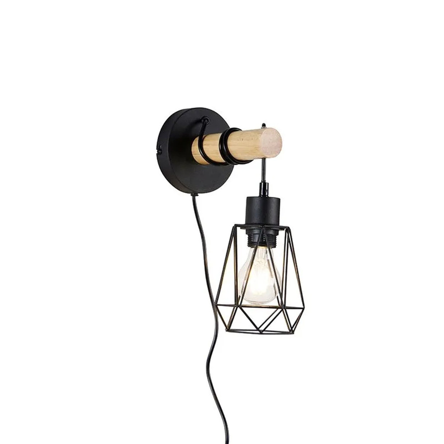 QAZQA Rustikale Wandlampe in Schwarz mit Holzrahmen, dimmbar, E27 - Bild 2
