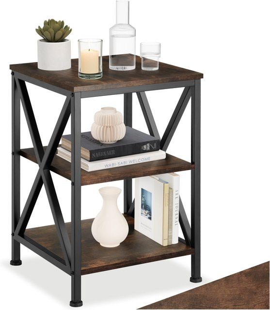 tectake Beistelltisch im Industrial Style mit 3 Ablagen aus Stahl und Holzoptik in Braun und Schwarz, B/T/H: 40,5 x 40,5 x 60,5 cm - Bild 1
