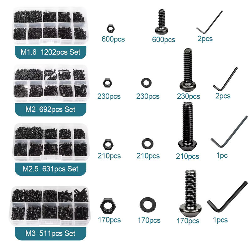 HSK Schrauben Set mit Muttern und Unterlegscheiben aus Stahl, Schwarz, Güteklasse 12.9, Innensechskant-Halbrundkopfschrauben Kit (M1.6 bis M8) - Bild 4