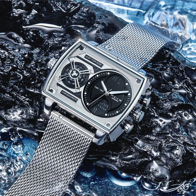FEICE Armbanduhr, Herren, Quarz, eckig, Edelstahl, Schwarz, Doppelte Zeitzone - Bild 1