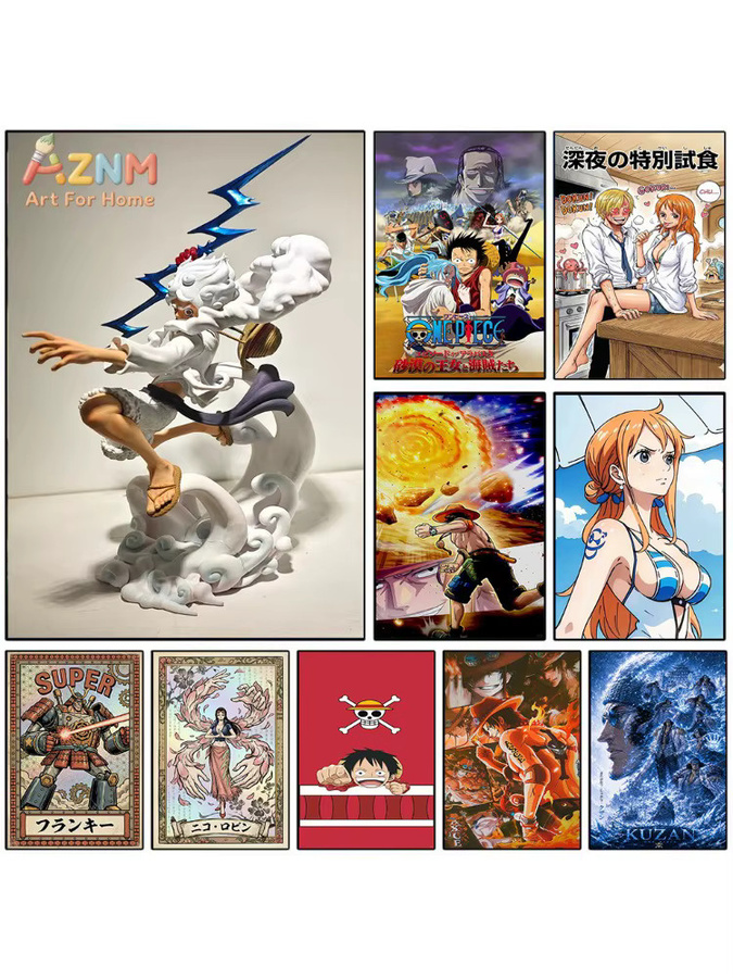 AZNM One Piece Anime Leinwand-Wandkunst mit Luffy, Nami, Franky, Robin, Sanji und Ace, Mehrfarbiges Druckposter ohne Rahmen - Bild 4