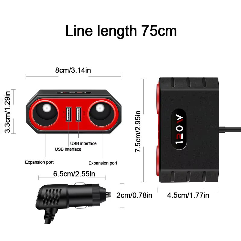 Baideluo Auto One Tow Four Multifunktions-Autoadapter mit USB-A und USB-C Ladegerät für 12-24V in Schwarz - Bild 2
