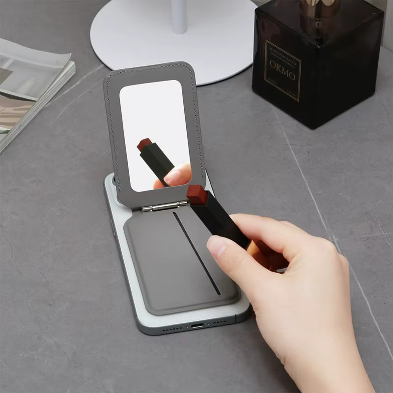 VYOPBC MagSafe Kartenhalter aus Leder in Blau mit Make-up-Spiegel und faltbarem Telefonständer für iPhone 17 Pro Max und Samsung - Bild 2