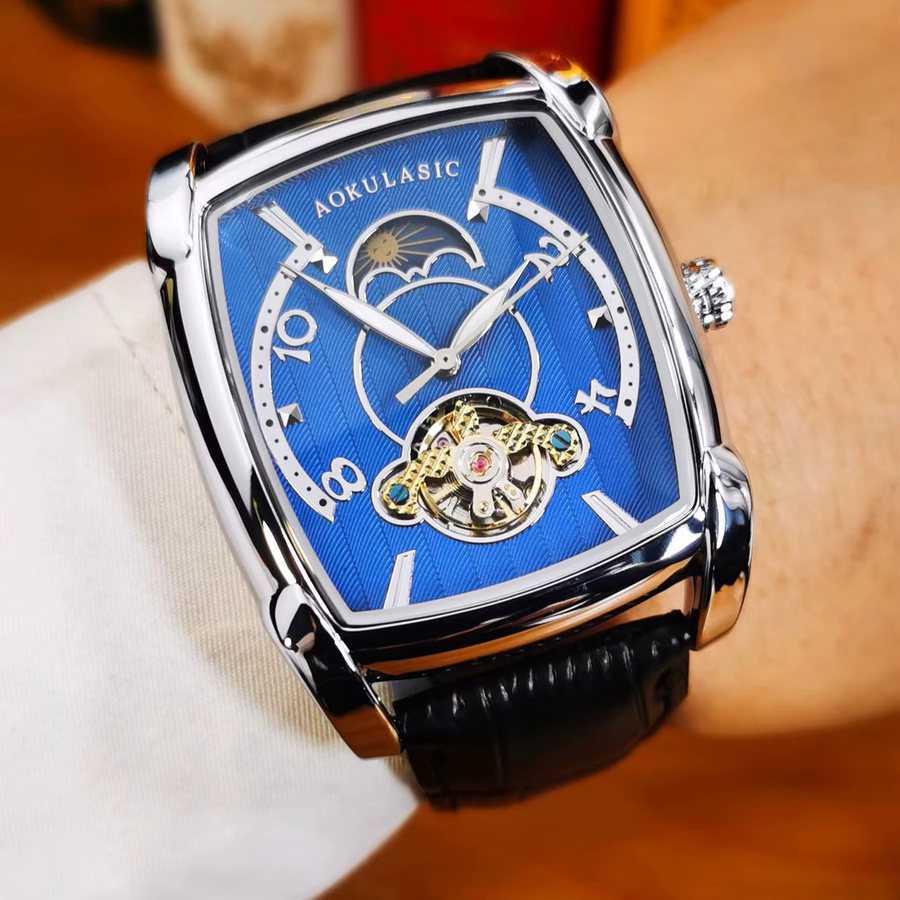 AOKULASIC Armbanduhr Tourbillon Skelett, Edelstahl, Leder, Herren - Bild 5