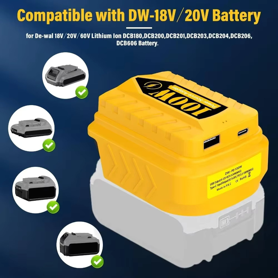 PD100W USB-Ladegerät-Akku-Adapter mit USB-A und USB-C Anschlüssen für Dewalt, Milwaukee und Makita 18/20V Akkus - Bild 2