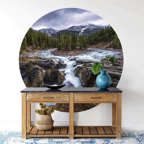 K&L Wall Art Vliestapete Cuadrado Wasserfall Wald Vintage, Rundes Wandbild in Mehrfarbig, Matt - Bild 3