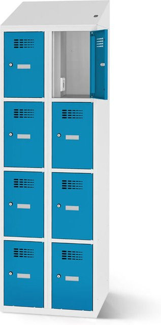 rotstahl Fächerschrank mit Ladefunktion und 8 Fächern in Blau mit lichtgrauem Korpus, B: 60 cm, H: 200 cm - Bild 1