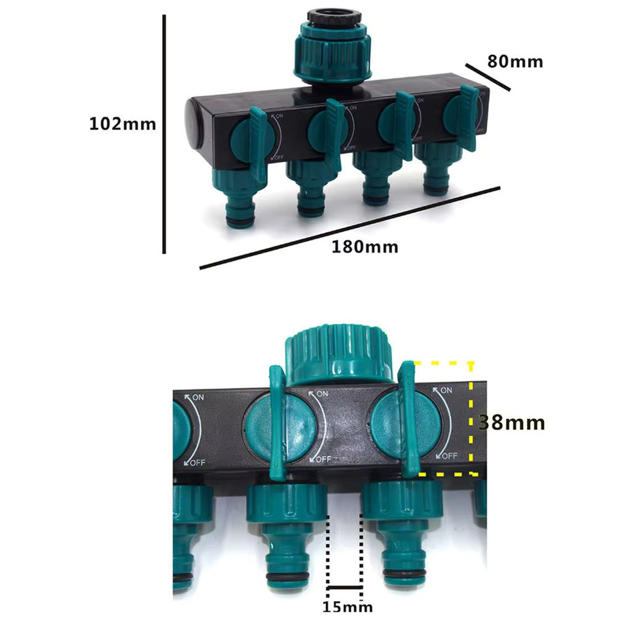 4-Wege-Wassersplitter mit europäischem Standardgewinde für Gartenbewässerung, 1 Zoll, 3/4 Zoll und 1/2 Zoll, Armaturenventil in Grün und Schwarz - Bild 2