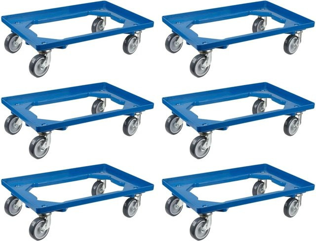 PROREGAL SparSet 6x Transportroller für Euroboxen 60 x 40 cm, Blau, mit Gummirädern, offenes Deck, 2 Lenkrollen und 2 Bremsrollen, Traglast 300 kg - Bild 1