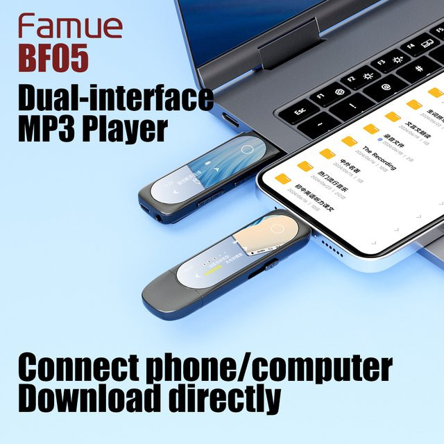 Famue BF05 MP3-Player mit Bluetooth 5.4 und Clip-On Funktion, USB-A und USB-C Anschluss, Schwarz - Bild 1