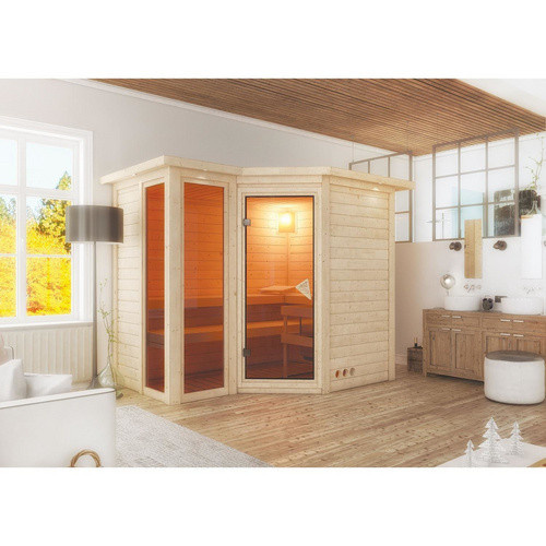 Karibu Sauna Kunda für 4 Personen aus Fichtenholz in Beige, B/T/H: 264 x 198 x 212 cm - Bild 2