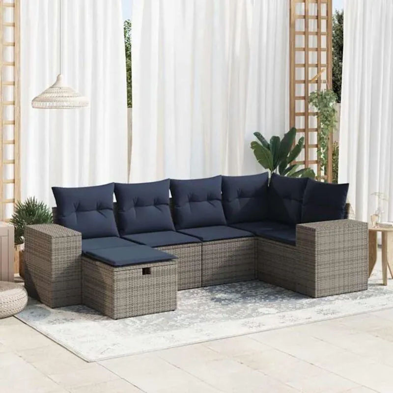 6-tlg. Garten-Sofagarnitur mit Kissen und Fußhocker aus Poly-Rattan in Grau von vidaxl - Bild 1