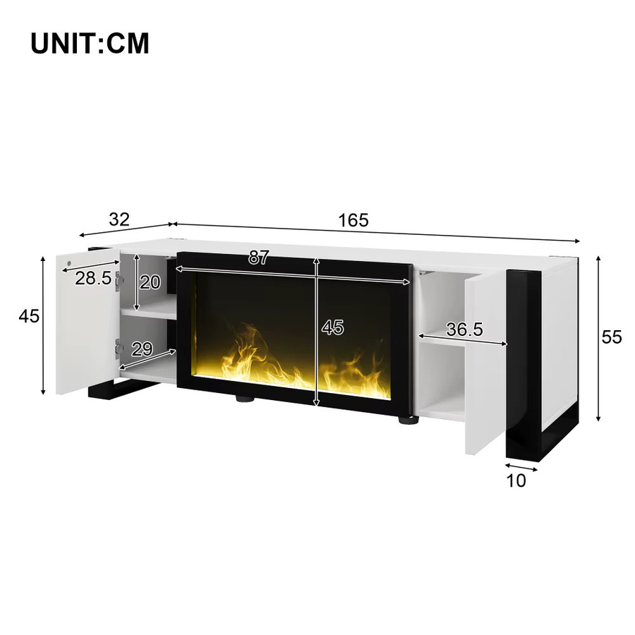 Ye Lowboard TV-Schrank mit elektrischem Kamin-Flammeneffekt in Weiß Hochglanz - Bild 4
