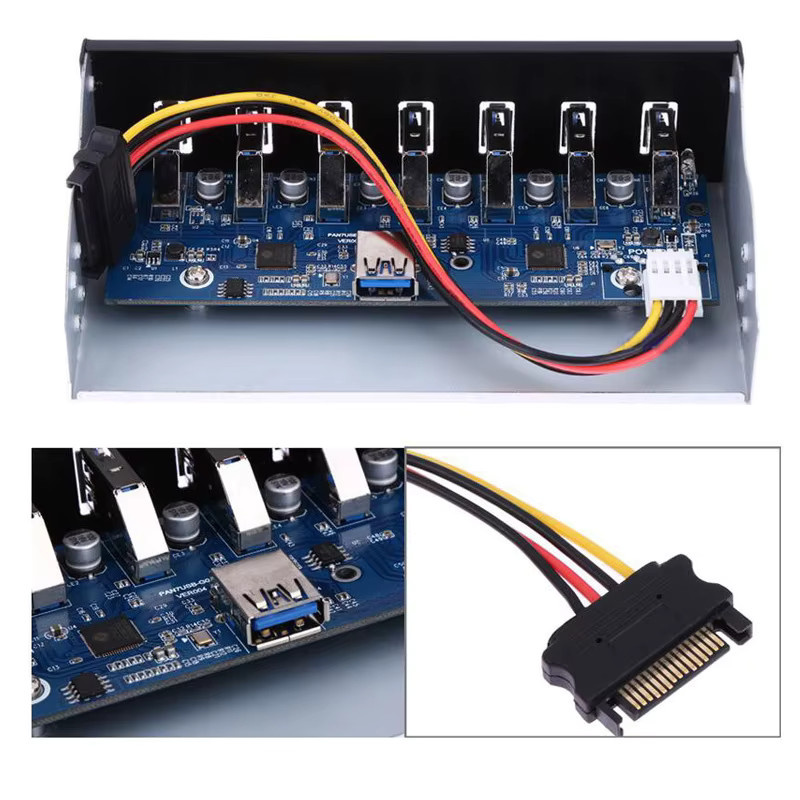 OULLX USB Hub Frontplatte 5,25 Zoll für PC-Gehäuse mit 7-8 Ports (USB 3.0 und 2.0) in Schwarz - Bild 2