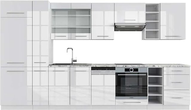 Vicco Fame-Line Küchenzeile Weiß Hochglanz mit Marmor-Optik, Breite: 355 cm - Bild 1