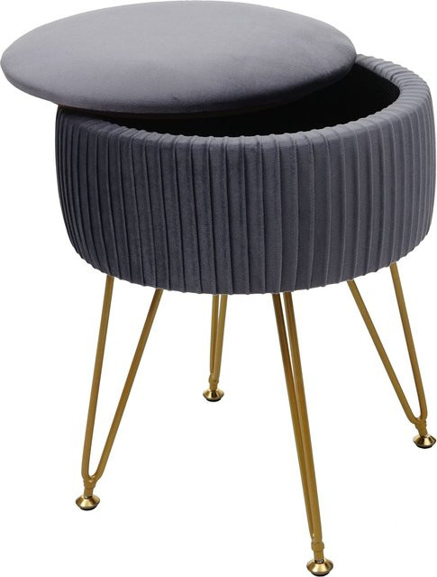 Sitzhocker MCW-K47 mit Staufach in Hellgrau und Samt-Optik, Durchmesser: 33 cm, Gestell in Gold - Bild 1
