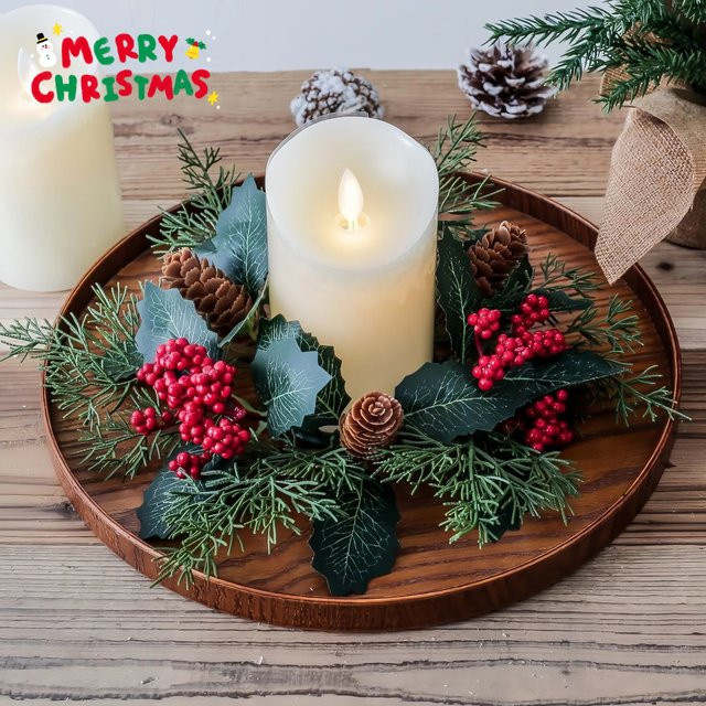 Uflower Klassischer Kerzenring in Rot mit künstlichen Tannenzapfen und Beeren zur Weihnachtsdekoration für Tisch und Hochzeit - Bild 1