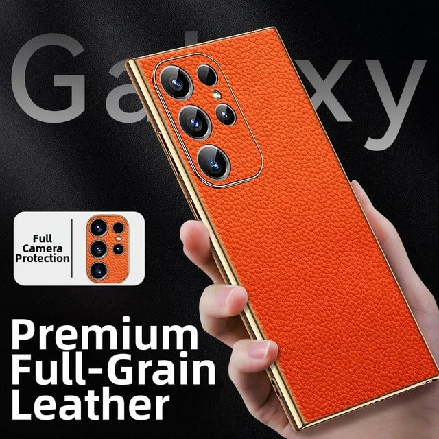 Echte Leder Handyhülle mit Lychee-Muster für Samsung Galaxy S26 S25 S24 S23 S22 Ultra Plus in Orange - Bild 1