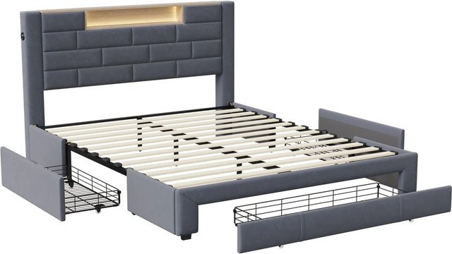 PXloue Doppelbett mit Schubladen und USB-Ladefunktion aus Samt in Grau, B/T/H: 160 x 200 x 145 cm - Bild 1
