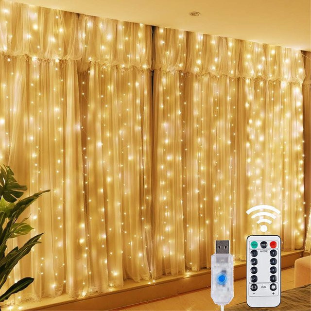 IEEYEEY LED-Feen-Lichterkette als Vorhang mit Fernbedienung und 8 Modi, USB-Betrieb, Warmweiß - Bild 1
