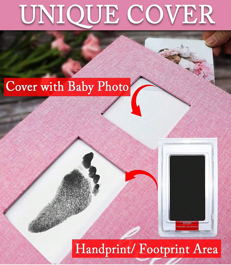 Baby-Fotoalbum Selbstklebendes Erinnerungsbuch Set mit Handabdruck-Set und Metallstift in Grau oder Pink für Jungen und Mädchen - Bild 3