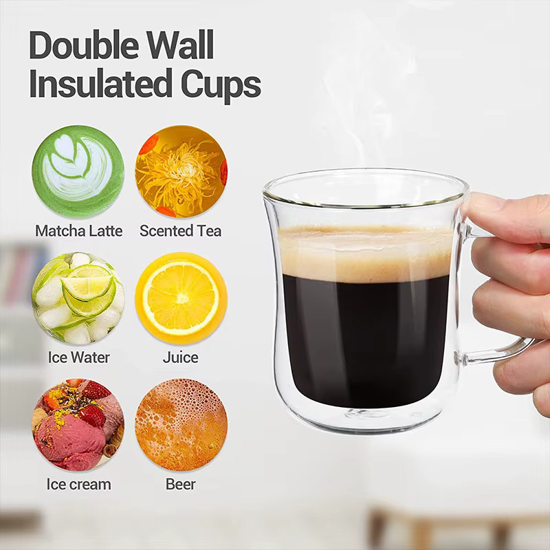 YWDL Doppelwandige Glas-Espressotassen Set, transparente Kaffeetassen mit Henkel für heiße und kalte Getränke - Bild 5