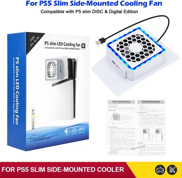 Hayoumon Seitenkühler für PS5 Slim mit LED-Beleuchtung und 2 USB-Anschlüssen in Weiß - Bild 1