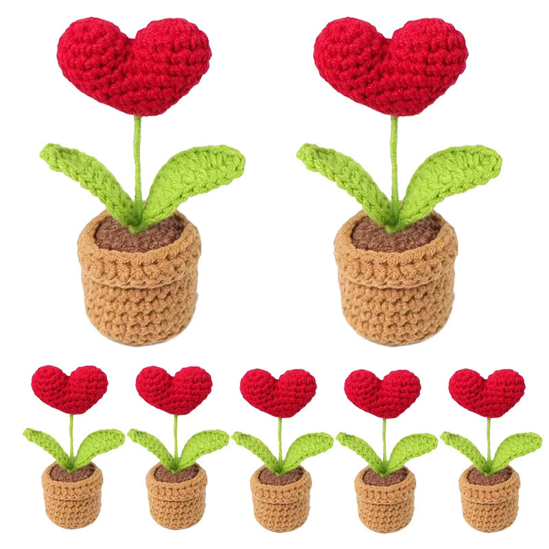 Handgefertigter gestrickter Blumentopf mit roter herzförmiger Kunstpflanze von ZQNYCY zur Tischdekoration - Bild 4