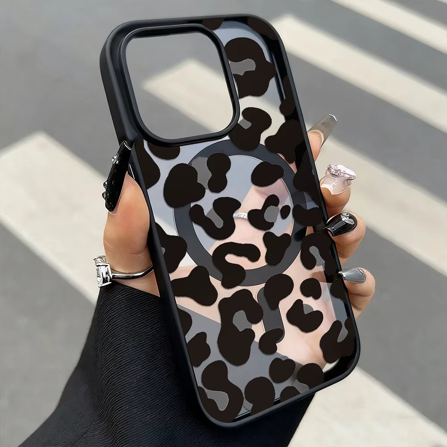 Caynes Handyhülle mit Leopardenmuster für iPhone 11 bis 16 Pro Max, schwarz und transparent, stoßfeste Acryl-Schutzhülle mit Magnetfunktion - Bild 1