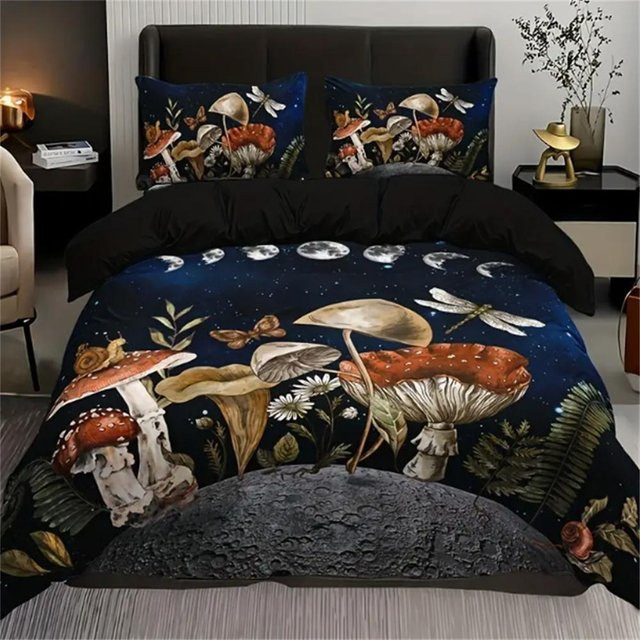 Lodestar 3-teiliges Bettwäscheset mit rotem Pilzprint und floralem Design in Rot und Blau, Material Polyester, B/H: 140 x 210 cm - Bild 1