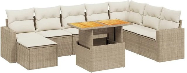 vidaXL 9-teilige Garten-Sofagarnitur aus Poly-Rattan und Akazienholz in Beige-creme mit Kissen - Bild 1