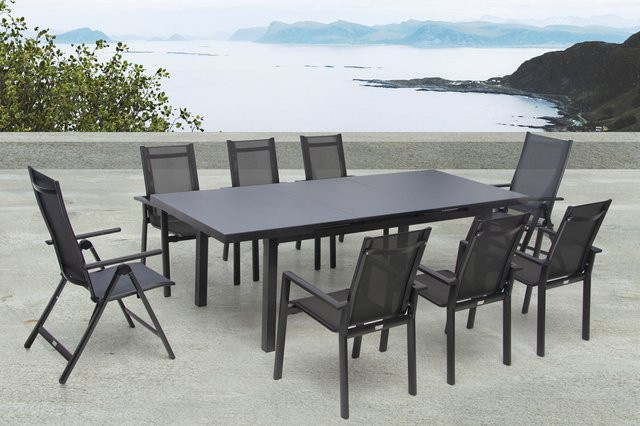 OUTFLEXX Premium Garten-Essgruppe aus Aluminium und Textilene in Anthrazit/Grau mit Ausziehtisch und Sicherheitsglas, bestehend aus 6 Stapelstühlen und 2 Klappstühlen - Bild 1