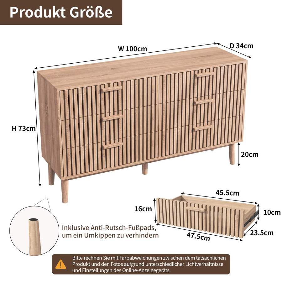 Comanlai Holzkommode Sideboard in Braun im skandinavischen Design mit 6 Schubladen für Wohnzimmer, Schlafzimmer oder Küche - Bild 2