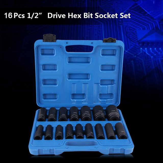 Neoglint 16-teiliges Luft-Sechskant-Steckschlüssel-Set aus Chrom-Molybdänstahl in Schwarz und Blau mit 12 Zoll Antrieb und Größen von 10 mm bis 32 mm - Bild 1