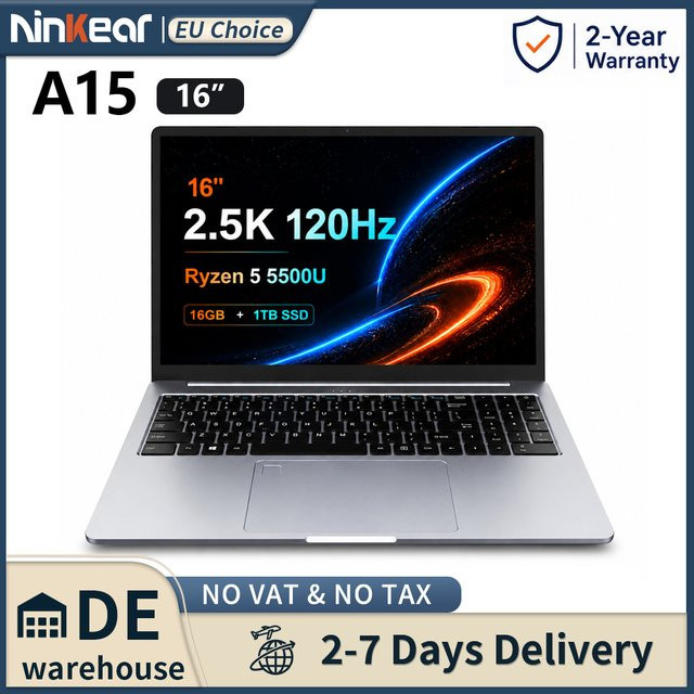 Ninkear A15 Pro Business Notebook mit AMD Ryzen 5 5500U, 16GB RAM, 1TB SSD, 16 Zoll 2.5K 120Hz IPS Display, Windows 11 und WiFi6 - Bild 1