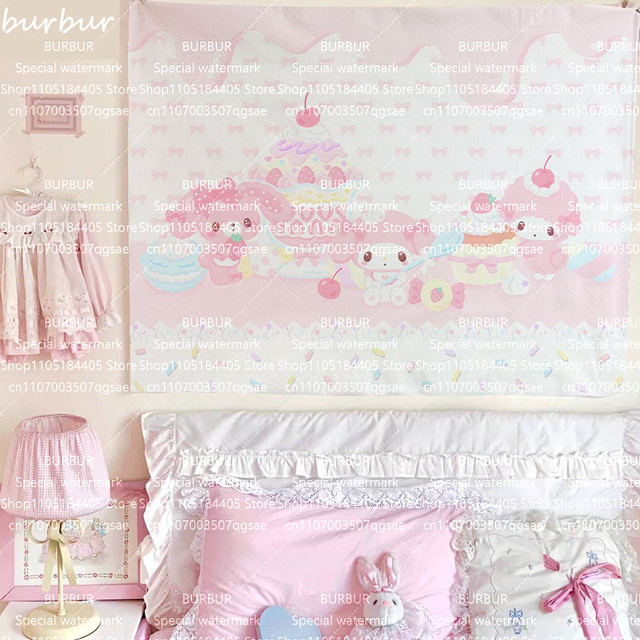 Sanrio Wanddekoration Kleines Lamm und Klaviermelodie in Pink, Rechteckige Textil-Hängedekoration mit Tier-Illustration für Kinderzimmer, Breite: 60 cm, Höhe: 40 cm - Bild 1