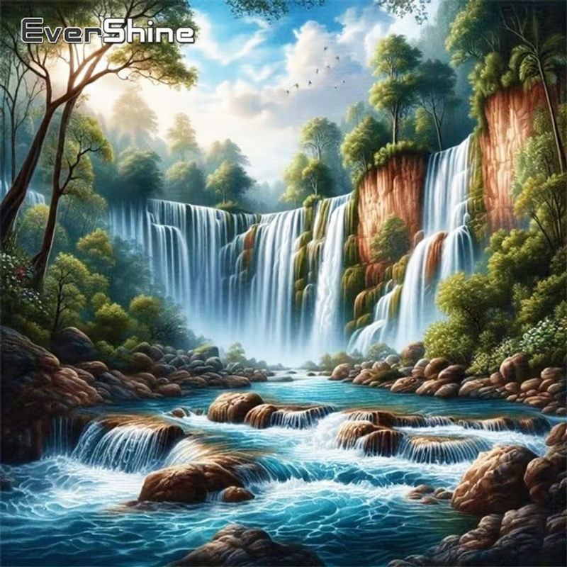 EverShine Diamantmalerei Wasserfall-Landschaft DIY Kreuzstich-Set rund mehrfarbig - Bild 1