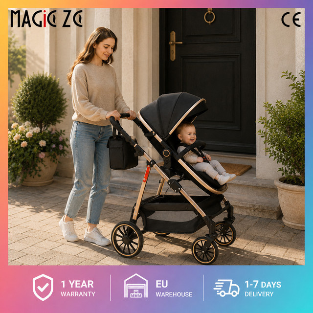 Magic ZC 3-in-1 Baby-Kinderwagen Set mit Autositz und Schlafkorb, faltbares Reisesystem in Schwarz-Gold mit Regenschutz, Moskitonetz, Fußsack und Wickeltasche - Bild 1
