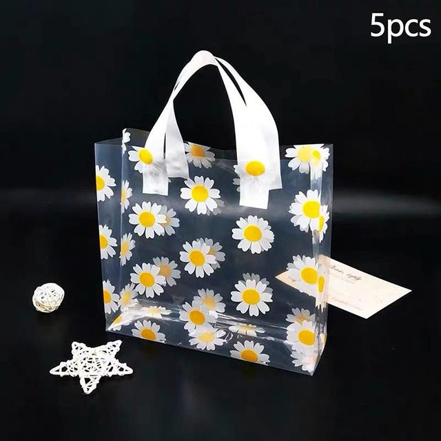 Set aus 5 transparenten Daisy Geschenktüten aus Kunststoff, wasserdichte Tragetaschen für Geburtstag, Hochzeit oder Party - Bild 1